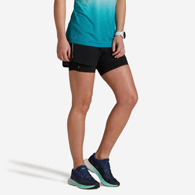 





Short 2 en 1 running respirant femme - KIPRUN Run 500 Confort noir, photo 1 of 7