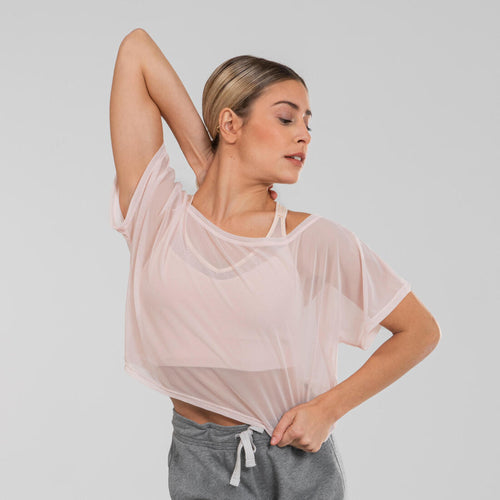 





T-shirt crop top de danse moderne rose en maille ajourée femme