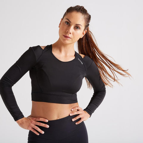 





T-shirt Crop-Top manches longues Fitness Cardio Noir