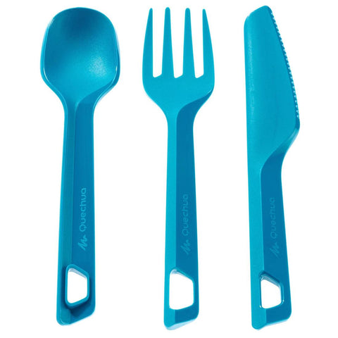 





Set 3 couverts (couteau, fourchette, cuillère) camp du randonneur plastique bleu - Decathlon Maurice