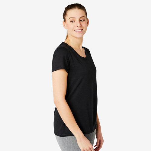 





T-shirt fitness manches courtes droit coton extensible col rond femme noir - Decathlon Maurice